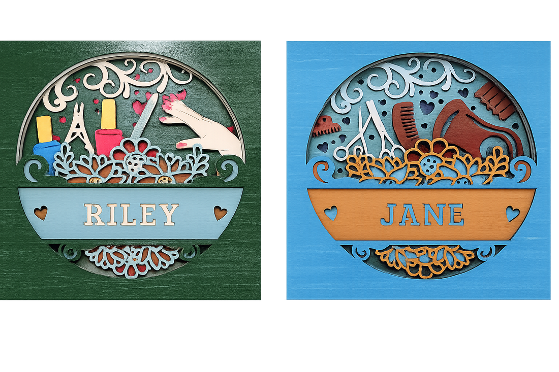 Custom laser-cut beauty salon name signs for Riley and Jane