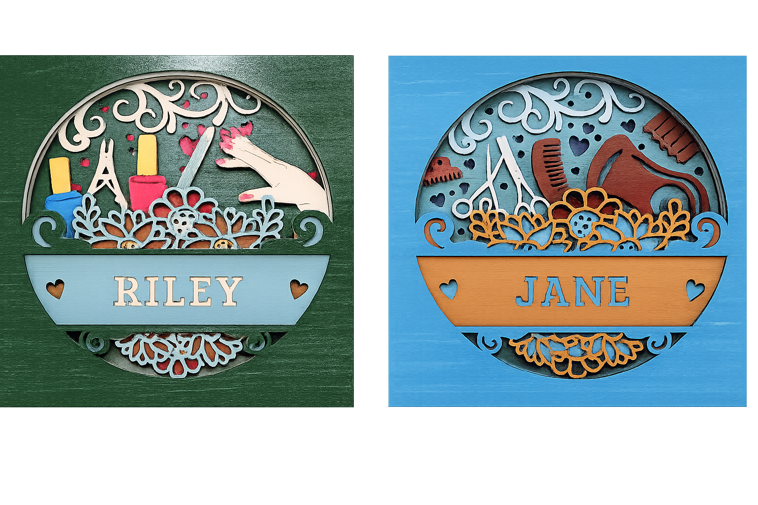 Custom laser-cut beauty salon name signs for Riley and Jane