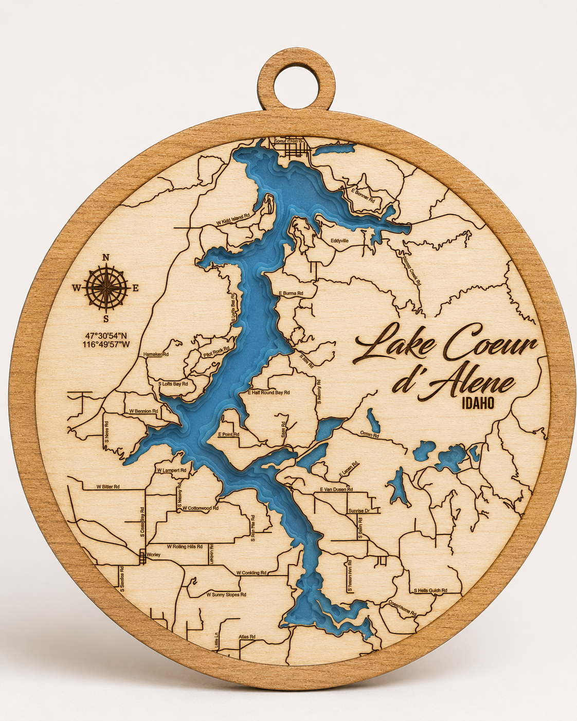 Lake Coeur d'Alene Idaho Wood Ornament | Laser-Cut Lake Map