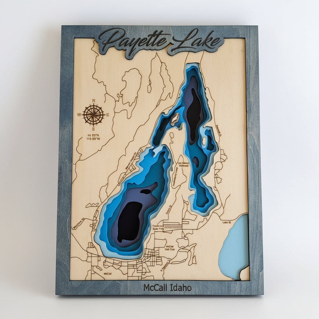 Payette Lake Idaho custom 3D wood map wall art laser cut decor