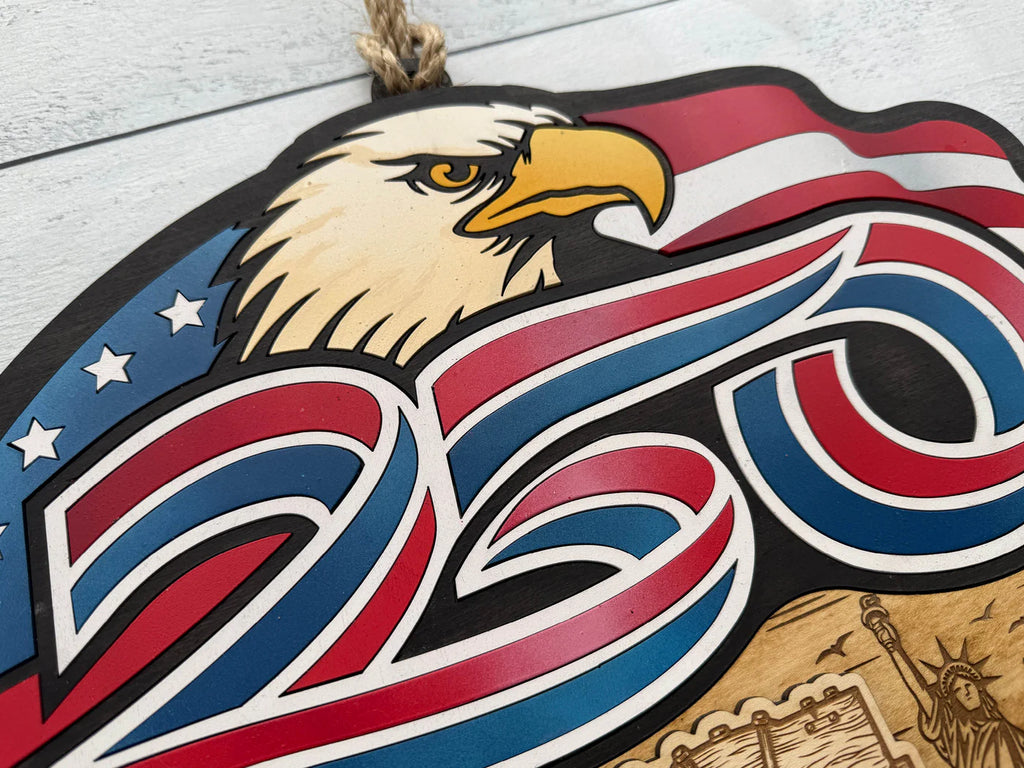 We The People 250th anniversary handmade laser cut wood decor detail