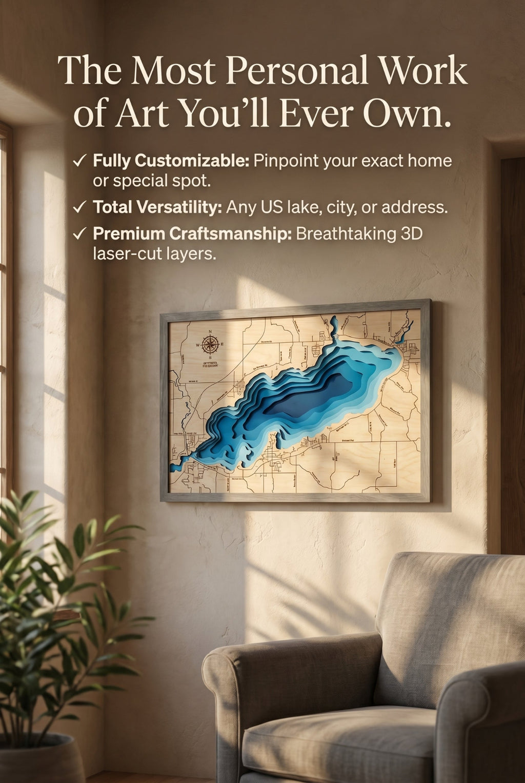 Custom 3D wood map wall art gift idea laser cut personalized decor