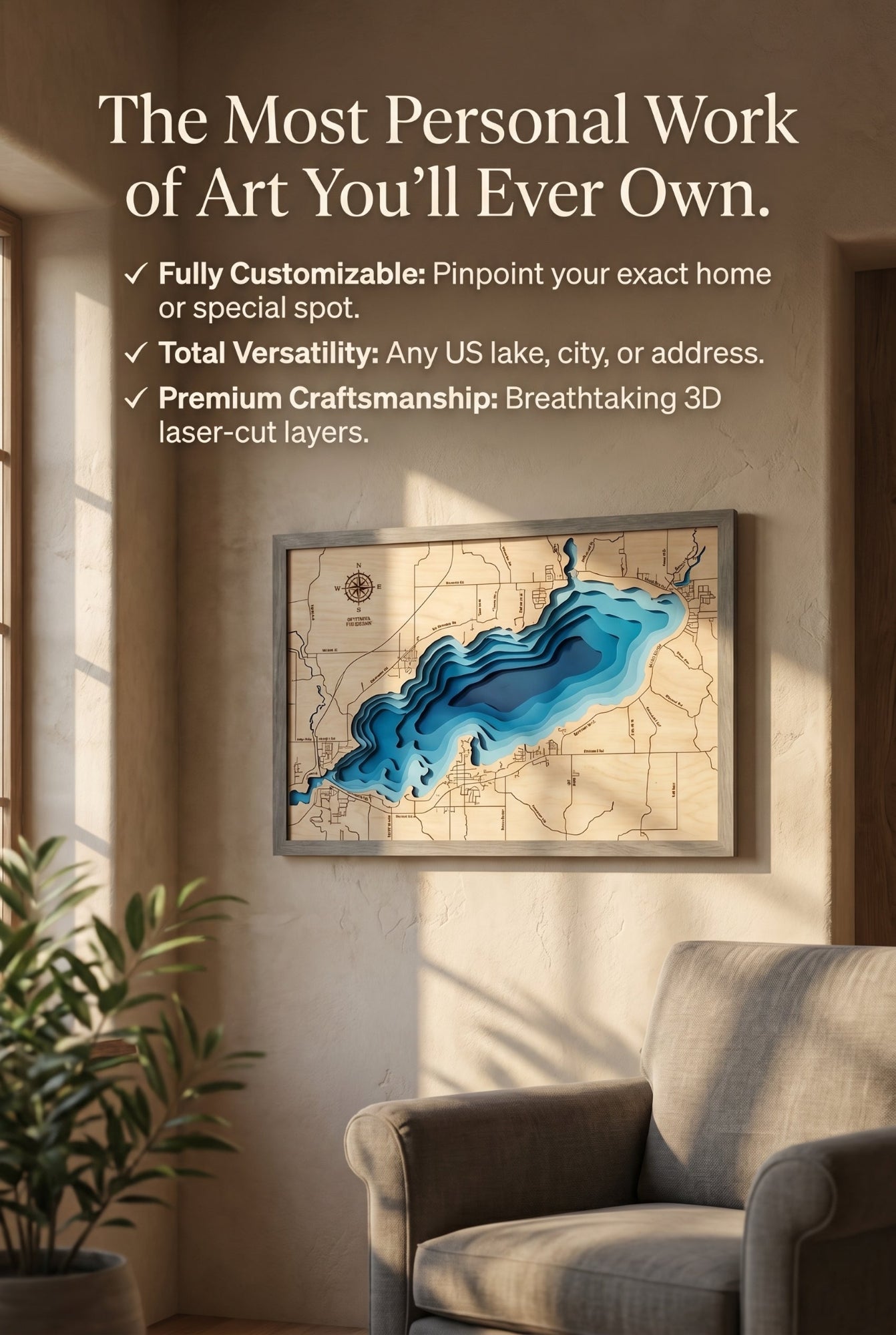 Custom 3D wood map wall art gift idea laser cut personalized decor