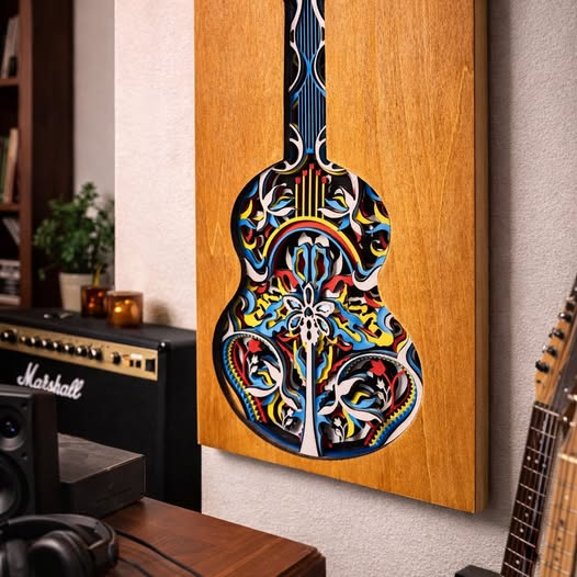 Guitar Multi Color Wall Art | 3D Laser Cut Wood Music Decor | Handmade Gift
