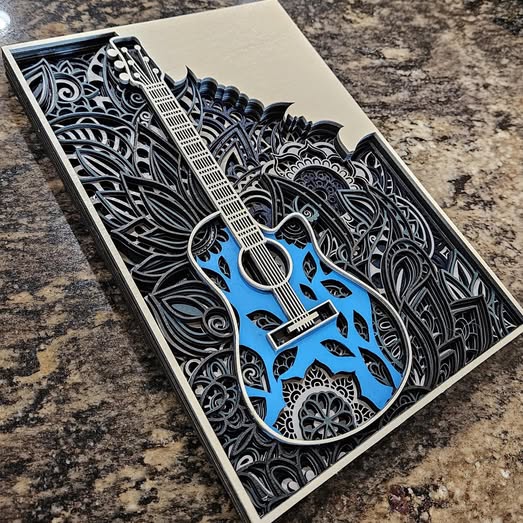 Blue Guitar Wall Art | 3D Mandala Laser Cut Wood Decor | Music Lover Gift Handmade