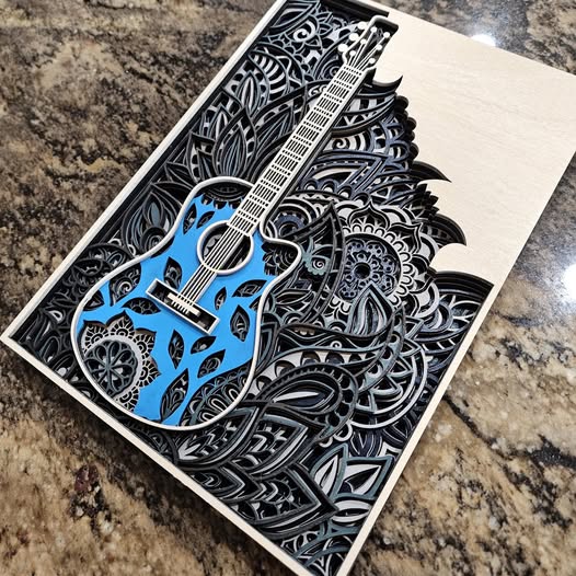 Blue Guitar Wall Art | 3D Mandala Laser Cut Wood Decor | Music Lover Gift Handmade