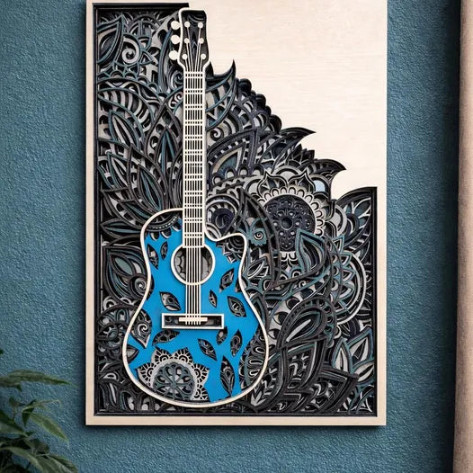 Blue Guitar Wall Art | 3D Mandala Laser Cut Wood Decor | Music Lover Gift Handmade