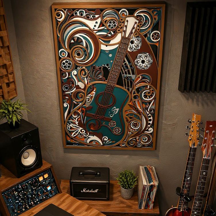 Acoustic guitar 3D layered wood wall art handmade laser cut music room decor