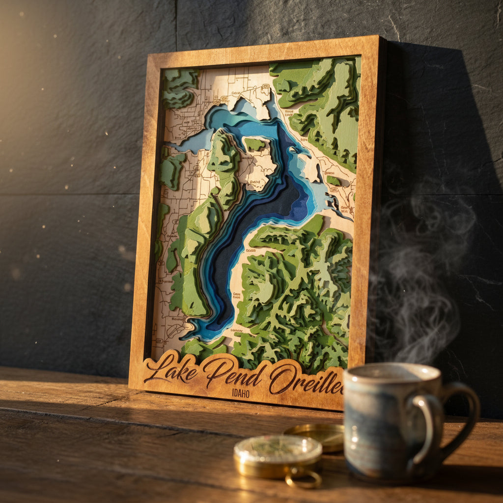 Wooden framed topographic map of Lake Pond Orein on a wooden surface with a mug and decorative items.