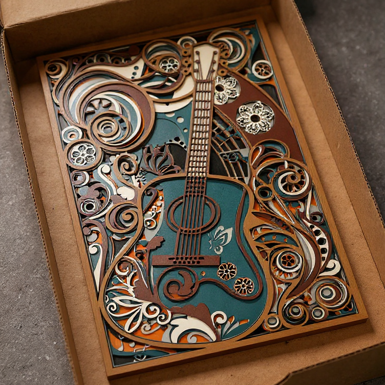 Layered wood acoustic guitar wall art laser cut detail close-up