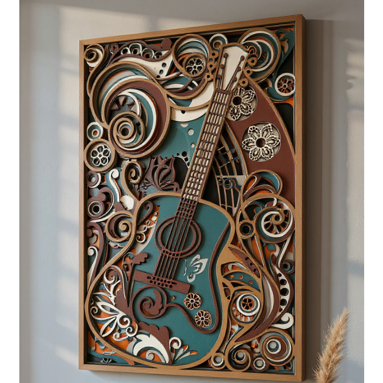 3D acoustic guitar wood wall art shown in music room setting