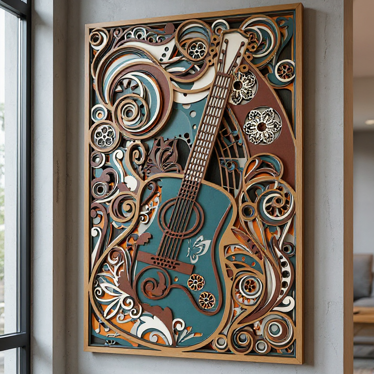 Handmade laser cut acoustic guitar wood art custom colors music gift