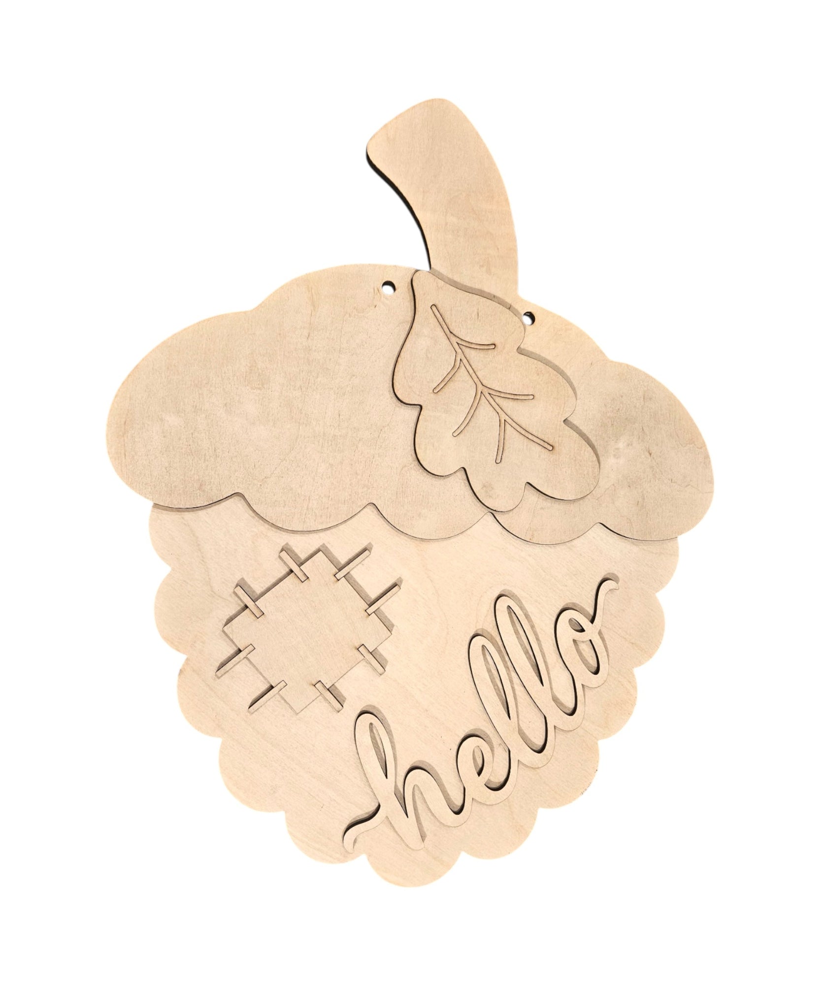 A light natural wood acorn-shaped hanging sign with a leaf engraving and the word 'hello' cut out, shown on a plain white background.