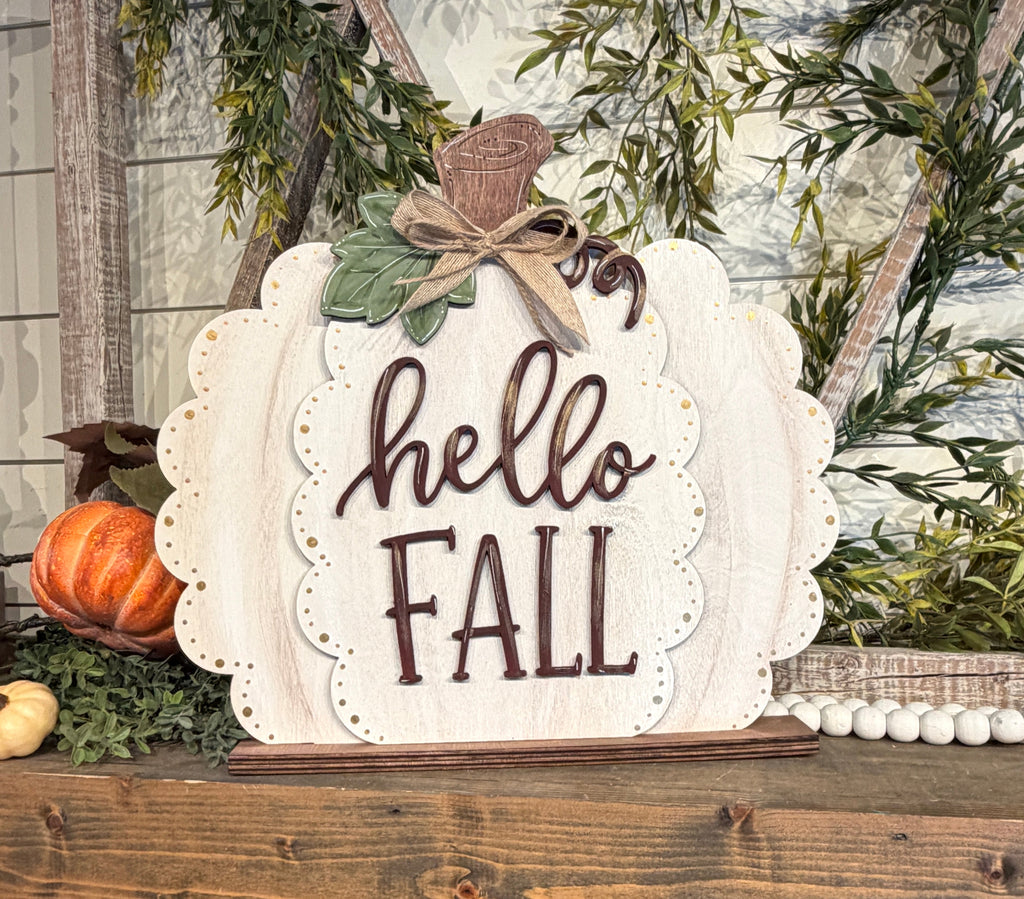 Hello Fall – Mini Pumpkin Shelf Sitter Laser Cut Wood Sign
