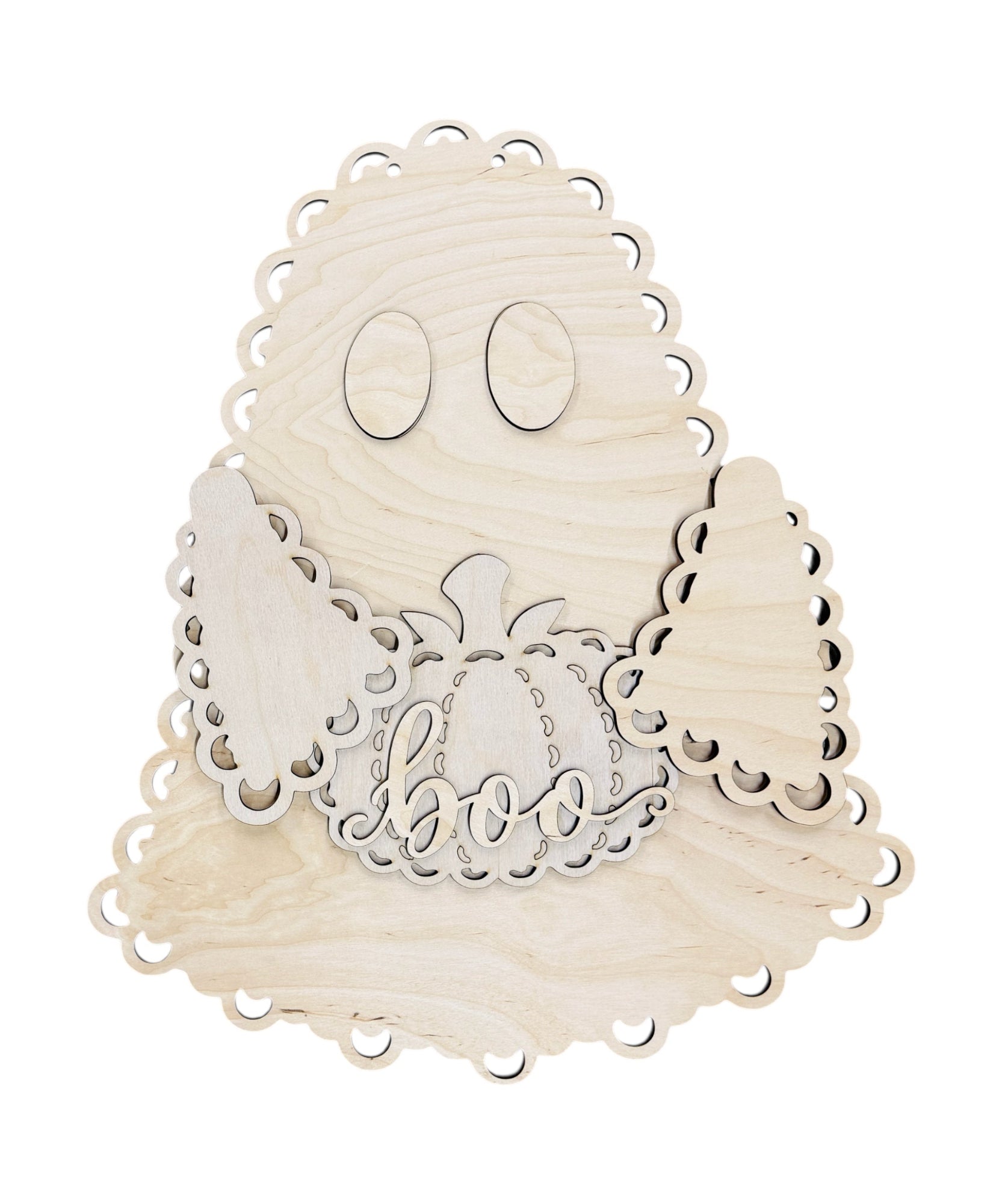 Unpainted wooden ghost-shaped craft kit with laser-cut scalloped edges, oval eyes, wings, and a central pumpkin with the word 'goof' cut out in the middle, shown on a white background.