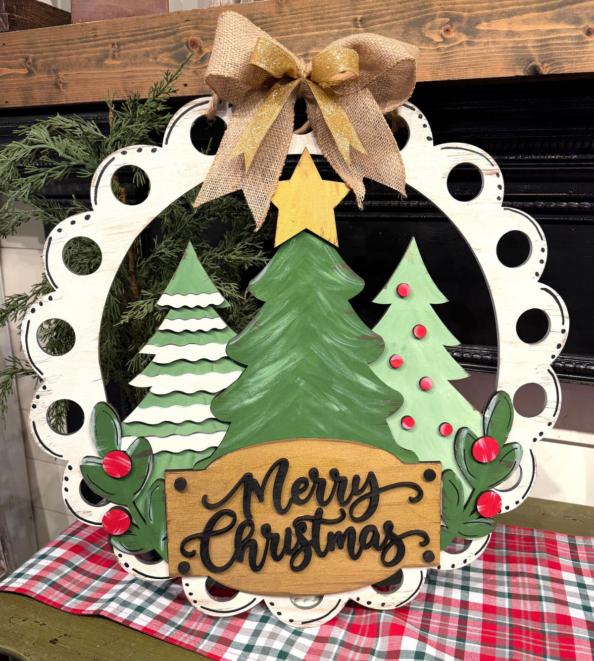 Merry Christmas Triple Tree Wood Sign