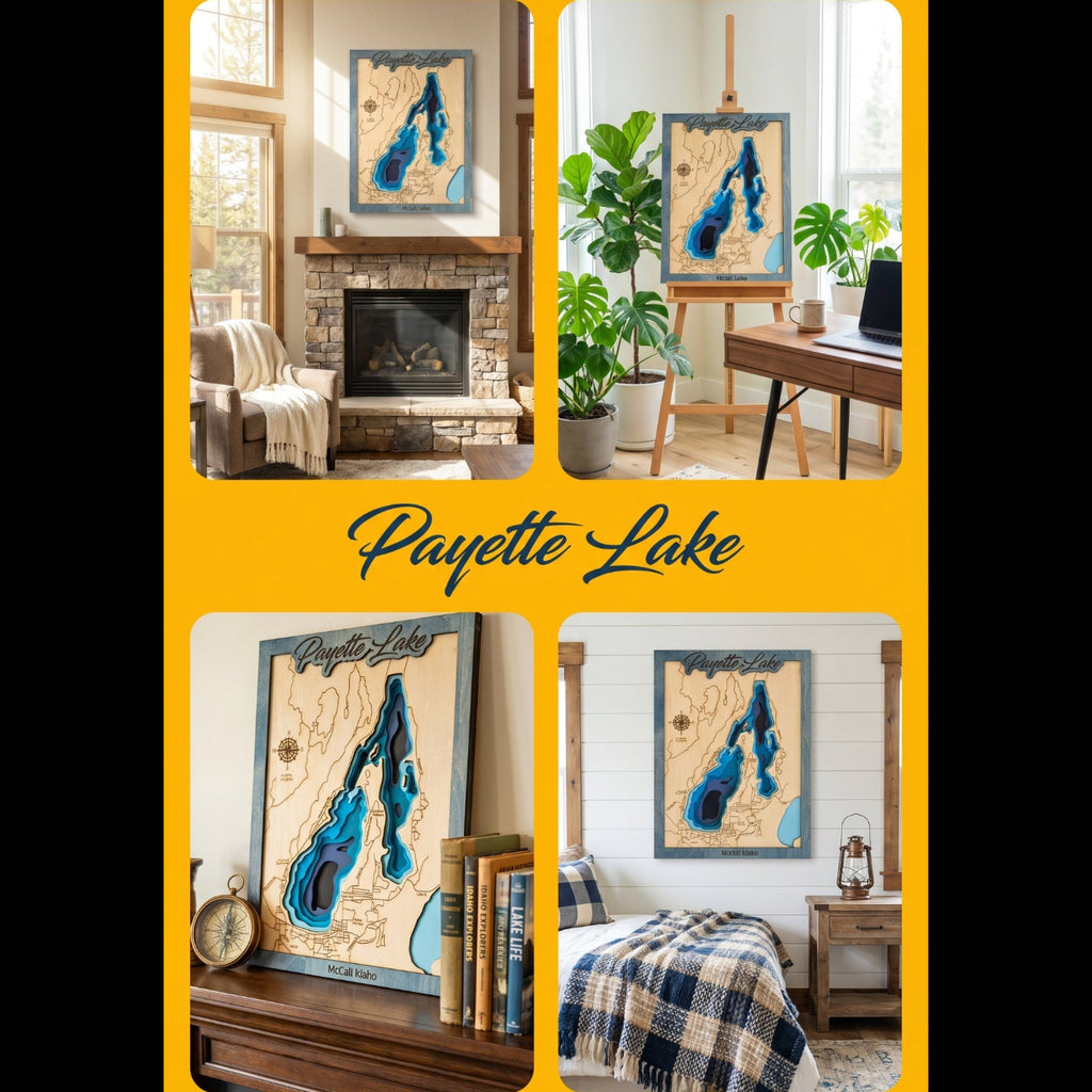 Payette Lake Idaho layered wood map art showing lake contours