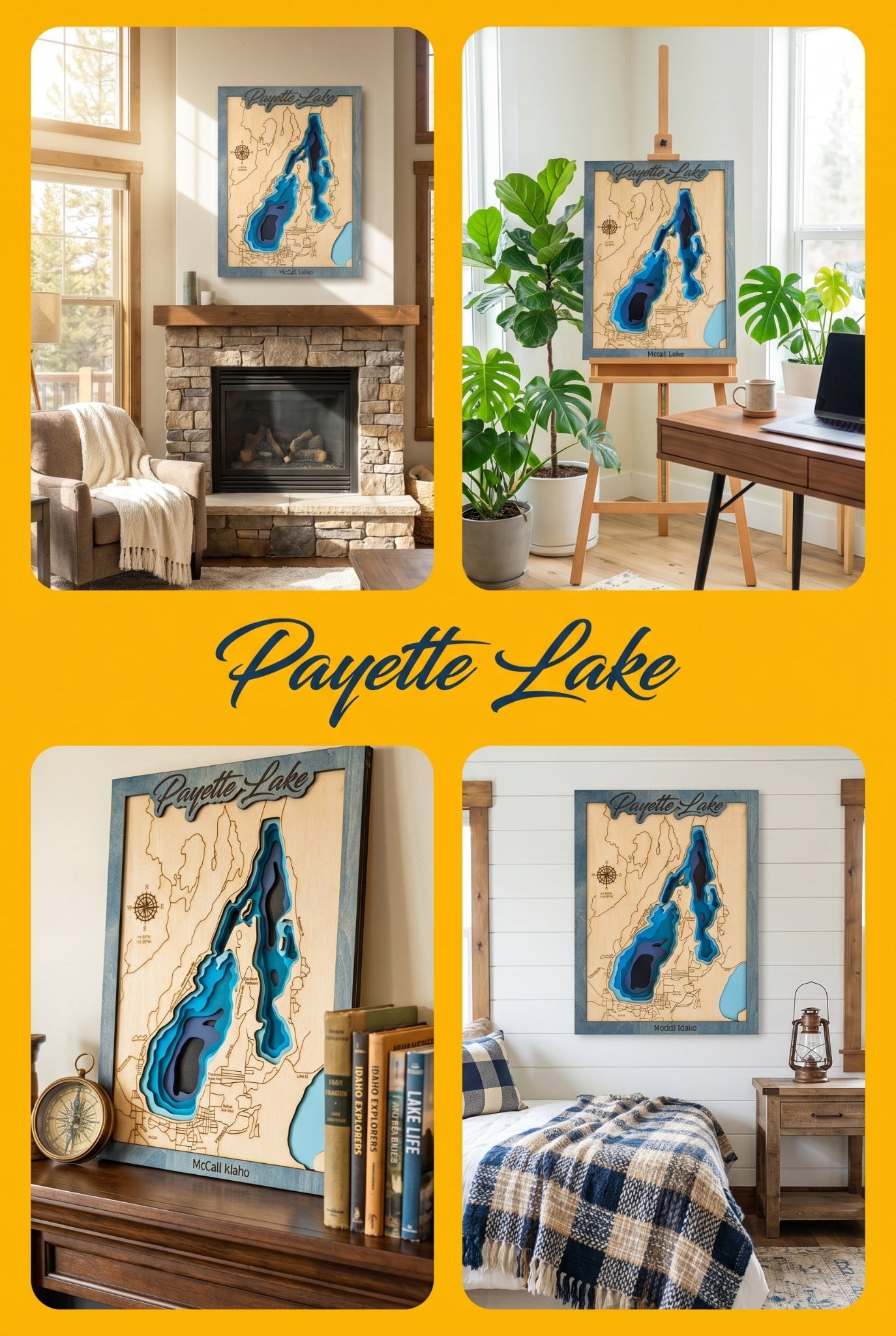 Payette Lake Idaho layered wood map art showing lake contours