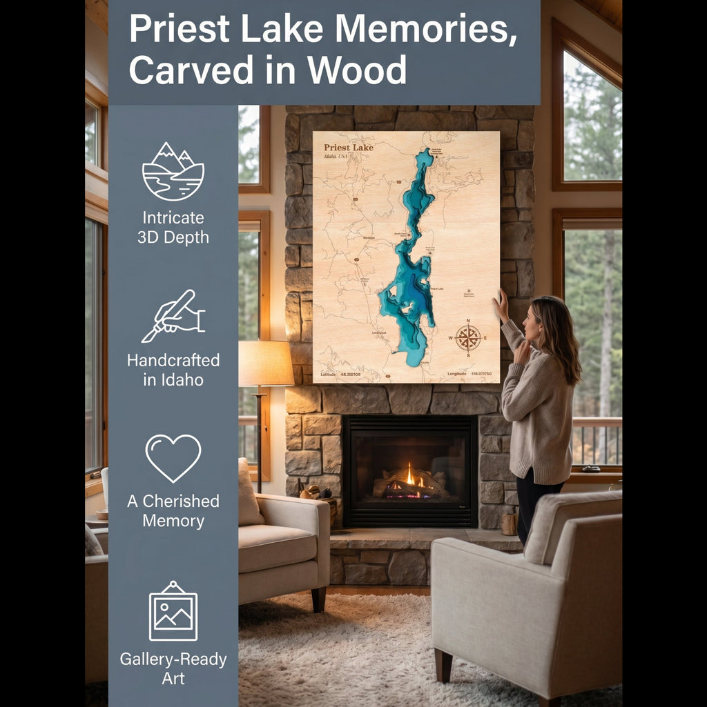 Woman admiring a large wooden map of Priest Lake in a cozy living room.