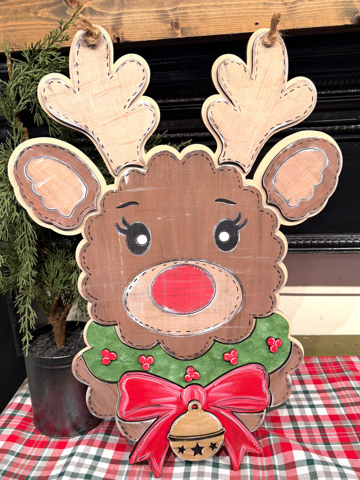 Reindeer with Bell Christmas Wood Sign