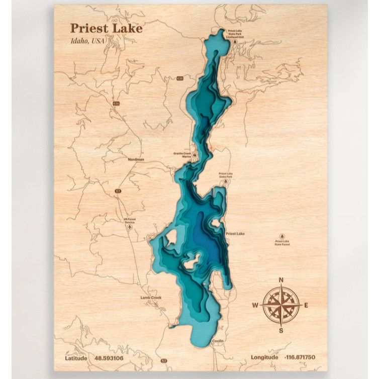 Priest Lake Idaho 3D wood map wall art laser cut custom decor