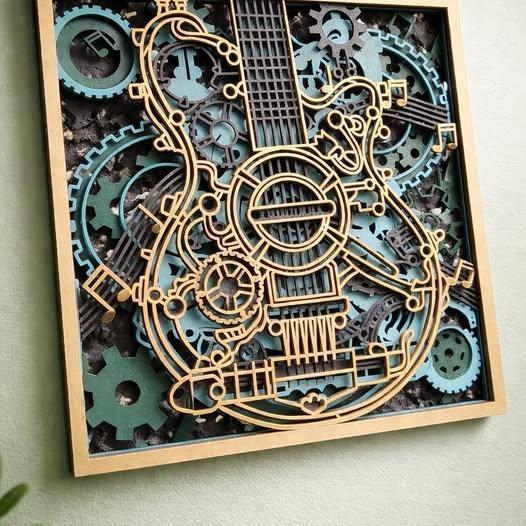 Guitar Steampunk Gold Wall Art | 3D Mandala Laser Cut Wood Decor | Music Gift Handmade