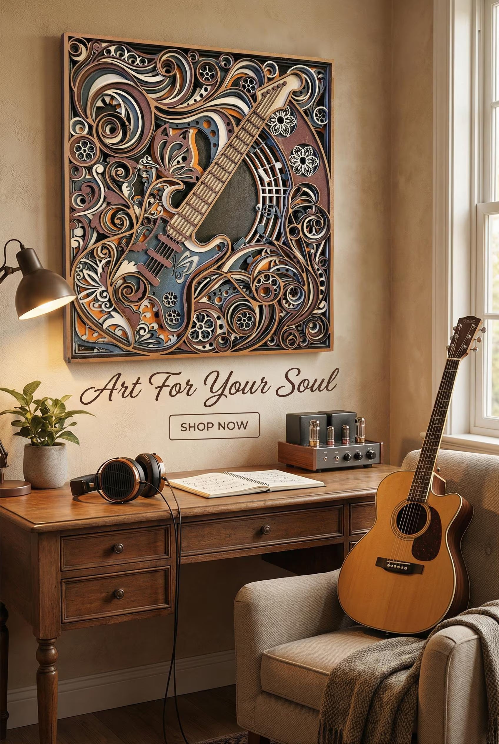 Layered Guitar Wood Art | Laser Cut Music Room Decor | Custom Colors (Gift for Musician)