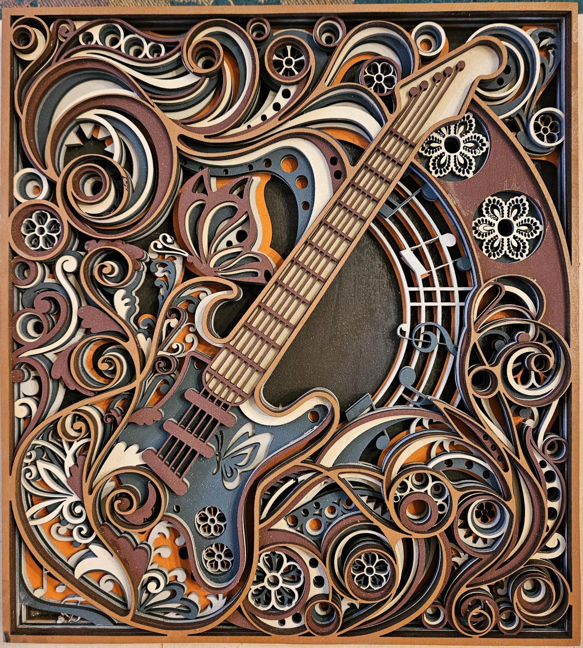 Layered Guitar Wood Art | Laser Cut Music Room Decor | Custom Colors (Gift for Musician)