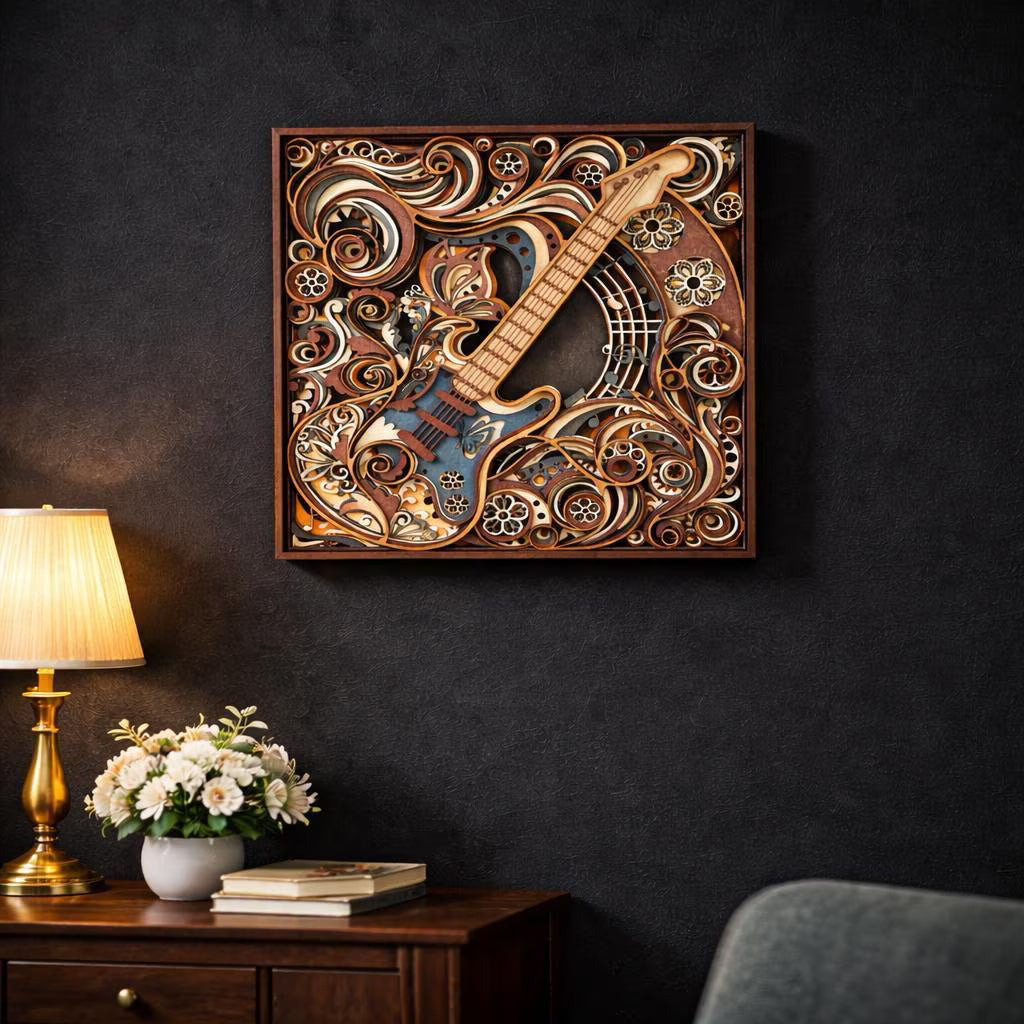 Layered Guitar Wood Art | Laser Cut Music Room Decor | Custom Colors (Gift for Musician)