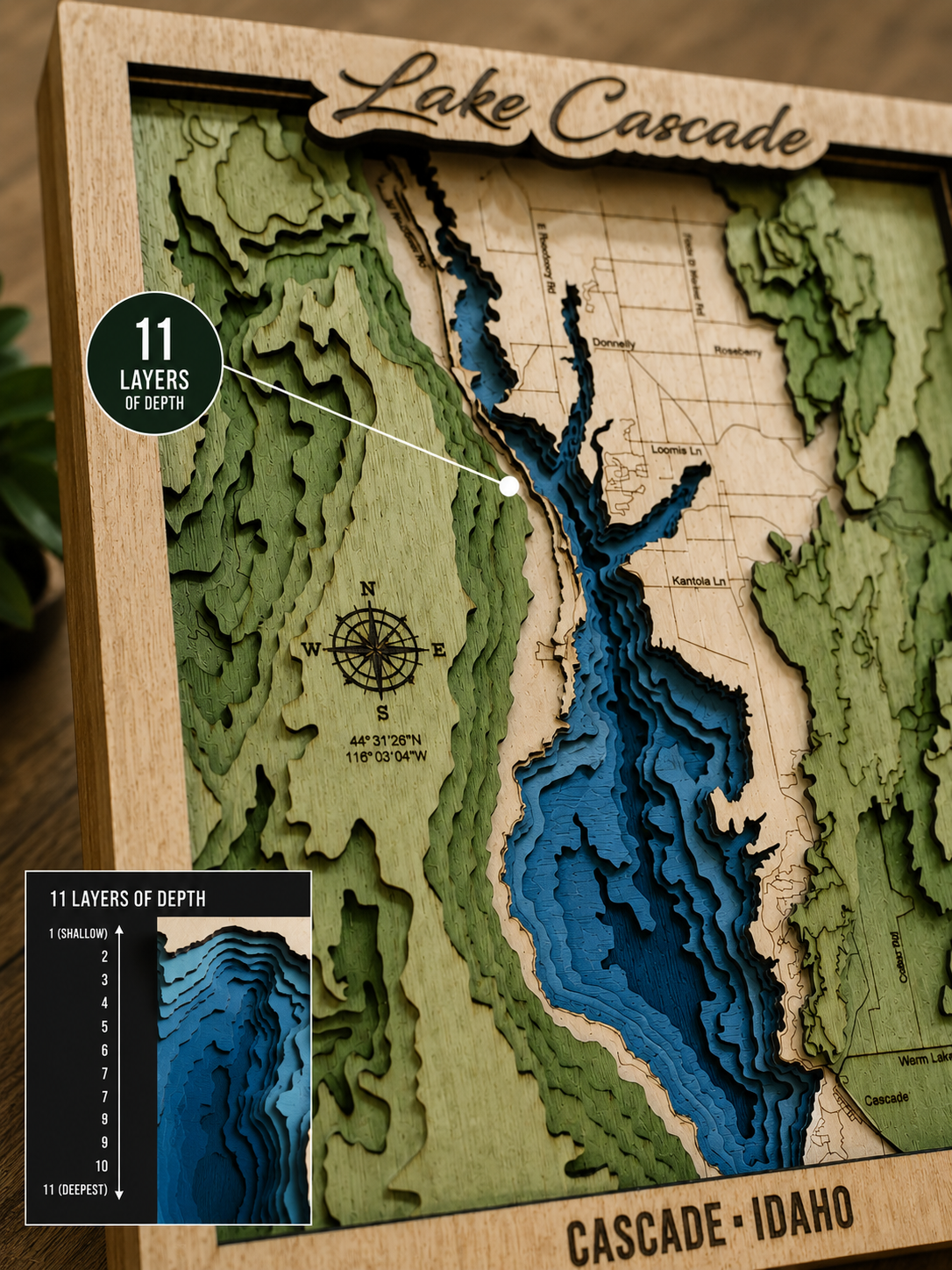 Custom 3D Lake Map Wall Art | 11-Layer Laser-Cut with Mountains | Any US Lake