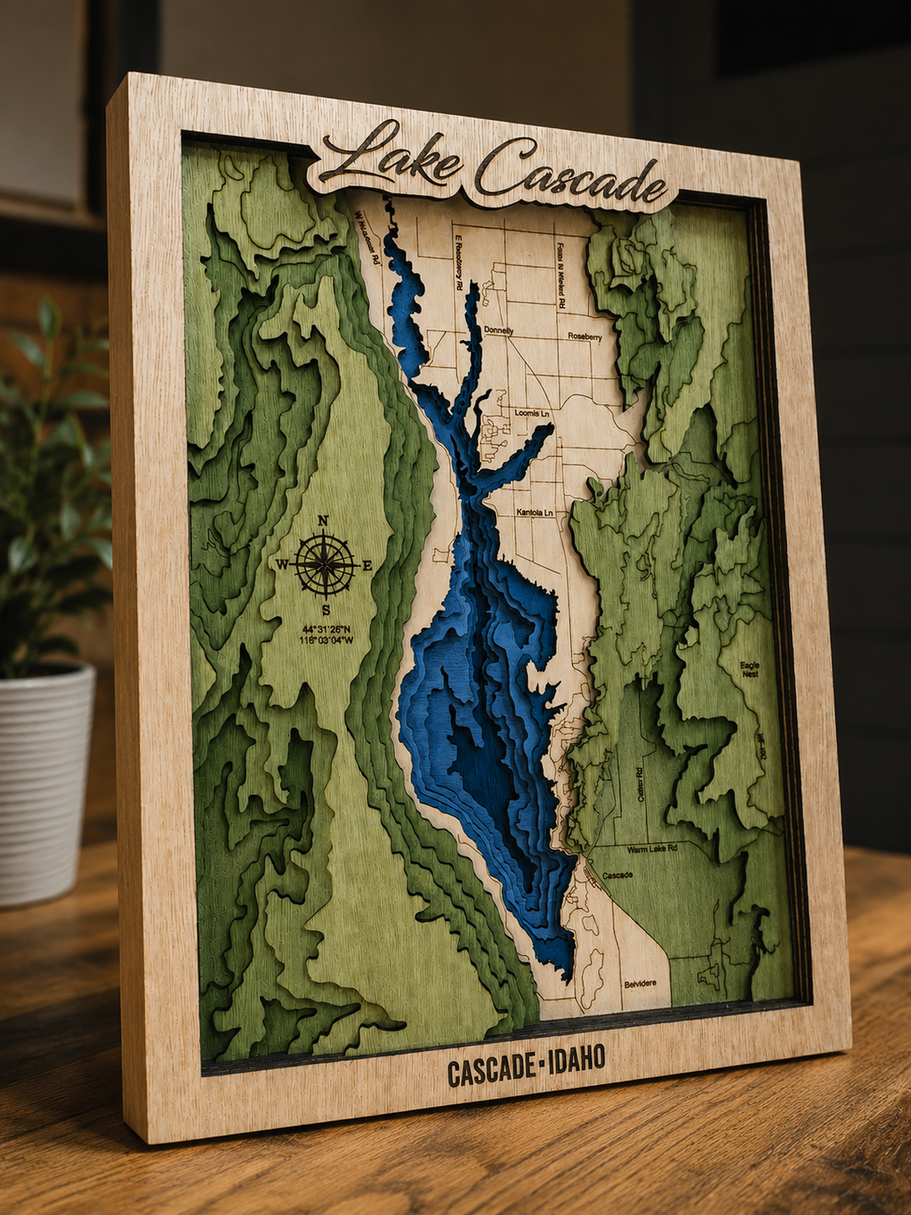 Lake Cascade Idaho Topo Map Wall Art | 11-Layer 3D Laser-Cut Wood | Lake Decor Gift