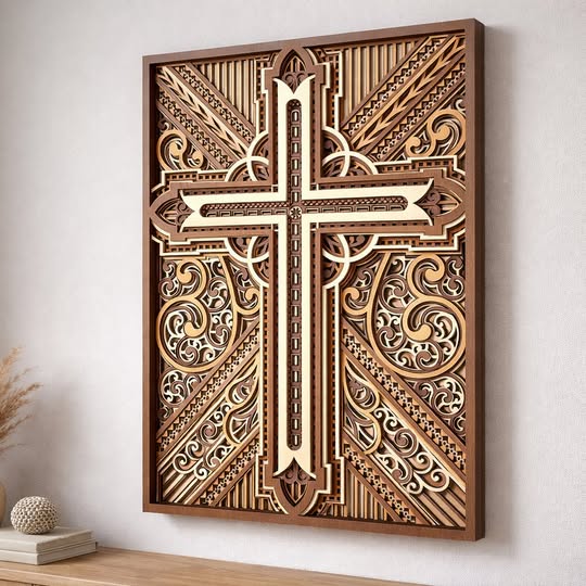 Layered Wooden Cross Wall Art, Christian Home Decor, Laser Cut Religious Wall Hanging, Faith Gift