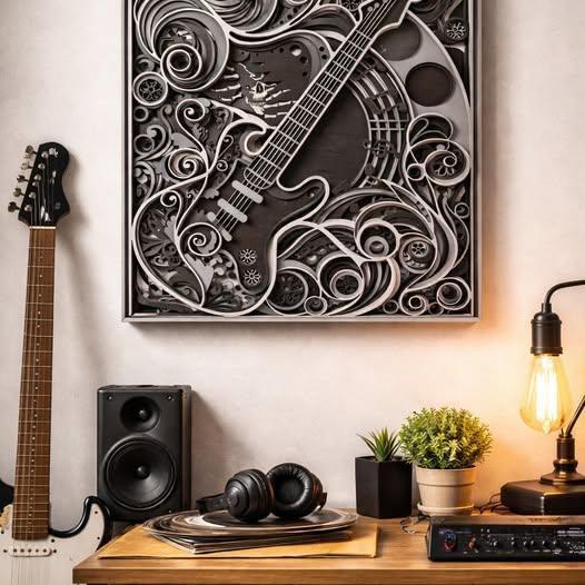 Guitar Hard Rock Wall Art | 3D Mandala Laser Cut Wood Decor | Music Lover Gift Handmade