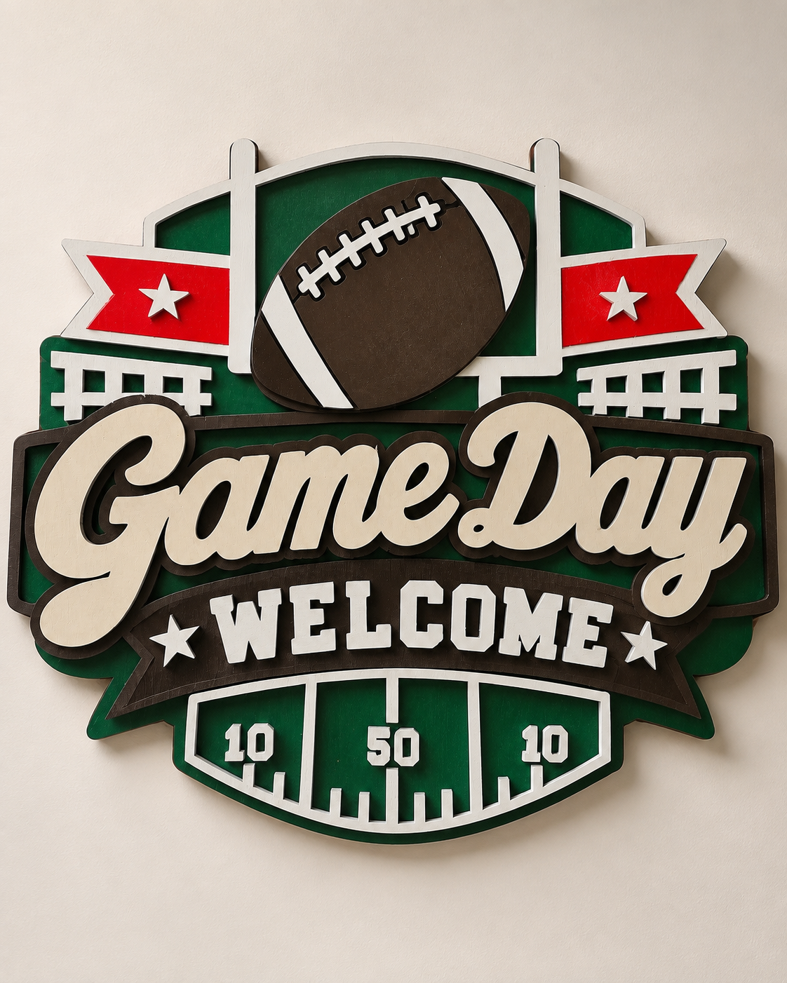 Game Day Welcome football sign with field goal posts and yard line markers - handmade laser cut wood