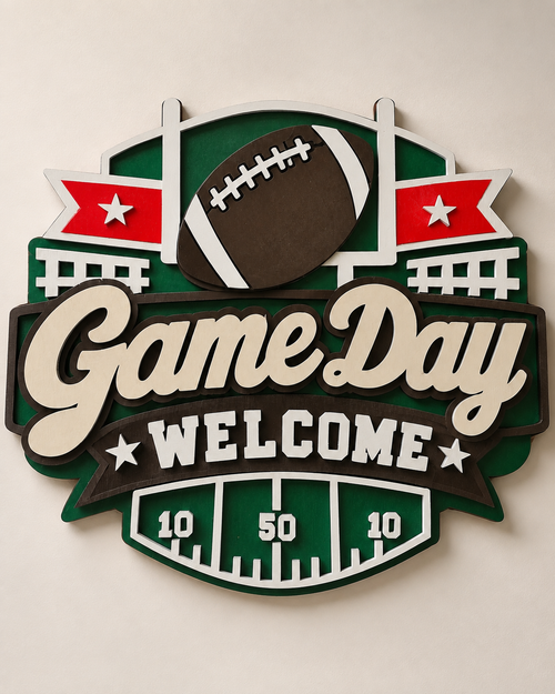 Game Day Welcome football sign with field goal posts and yard line markers - handmade laser cut wood