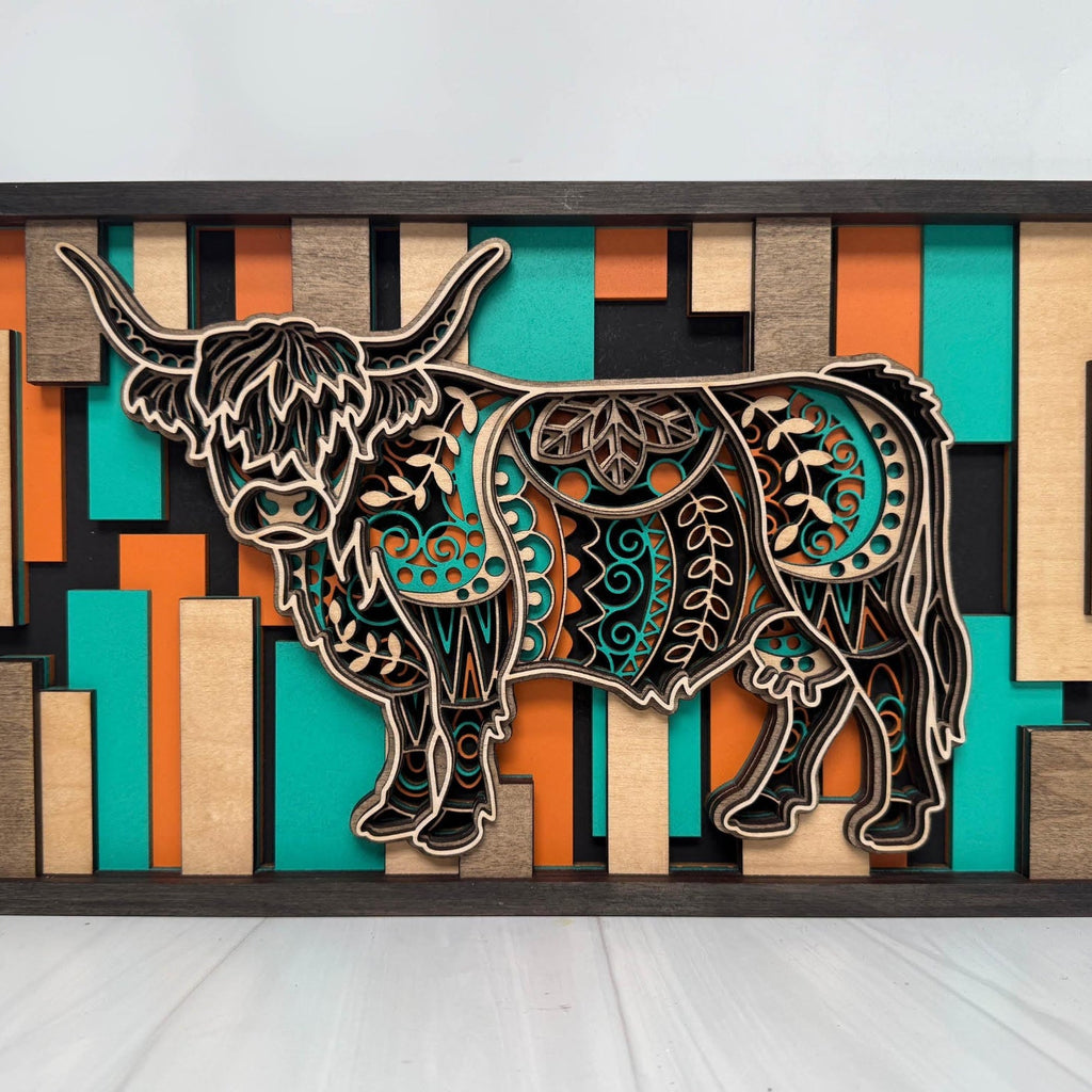 Highland Cow Wall Art | 3D Layered Laser Cut Wood Decor | Rustic Farmhouse Handmade