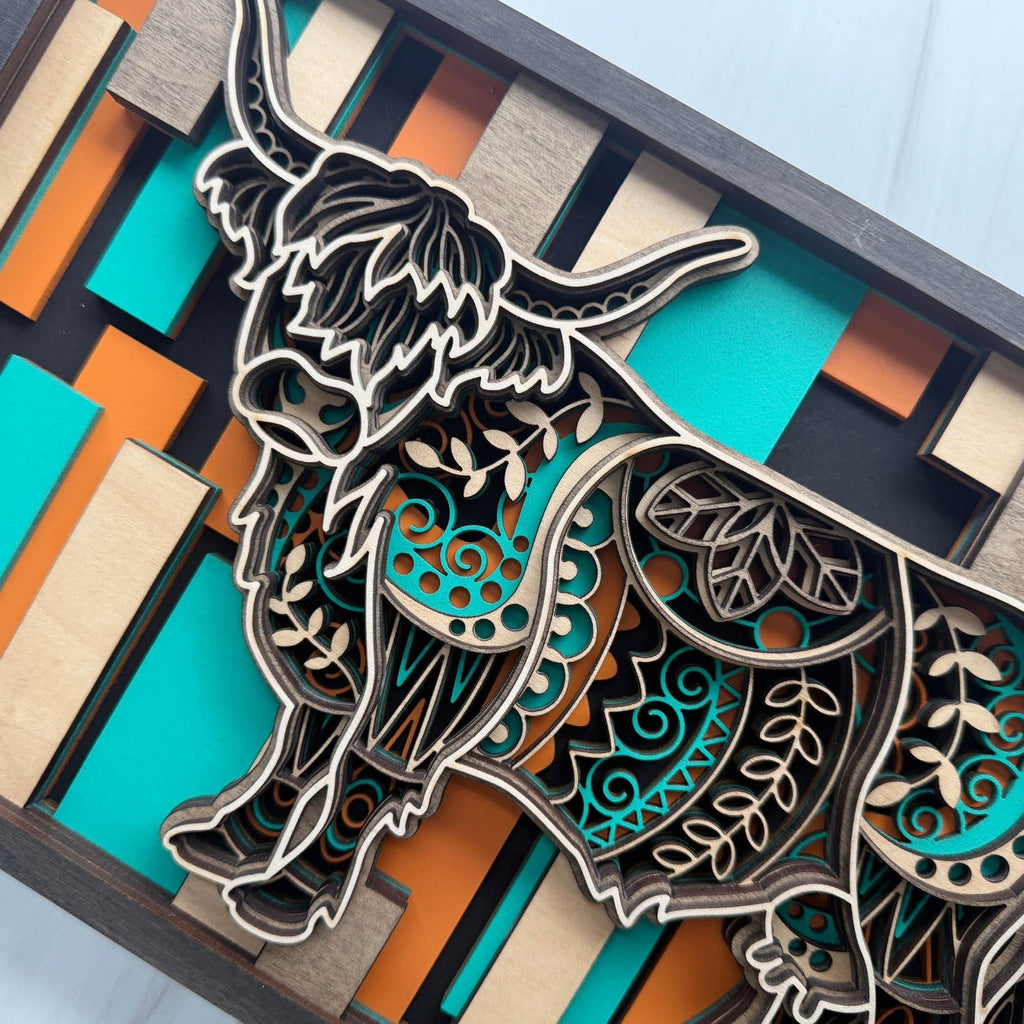 Highland Cow Wall Art | 3D Layered Laser Cut Wood Decor | Rustic Farmhouse Handmade