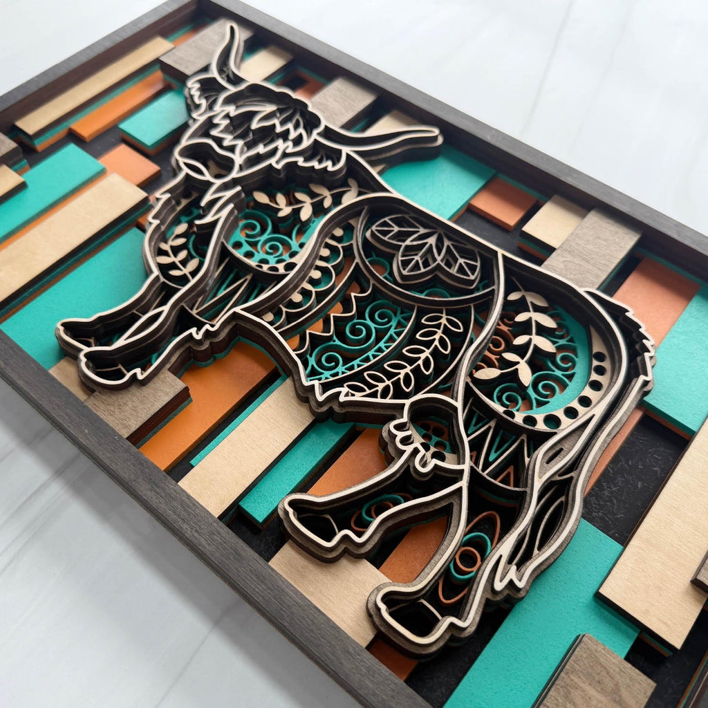 Highland Cow Wall Art | 3D Layered Laser Cut Wood Decor | Rustic Farmhouse Handmade