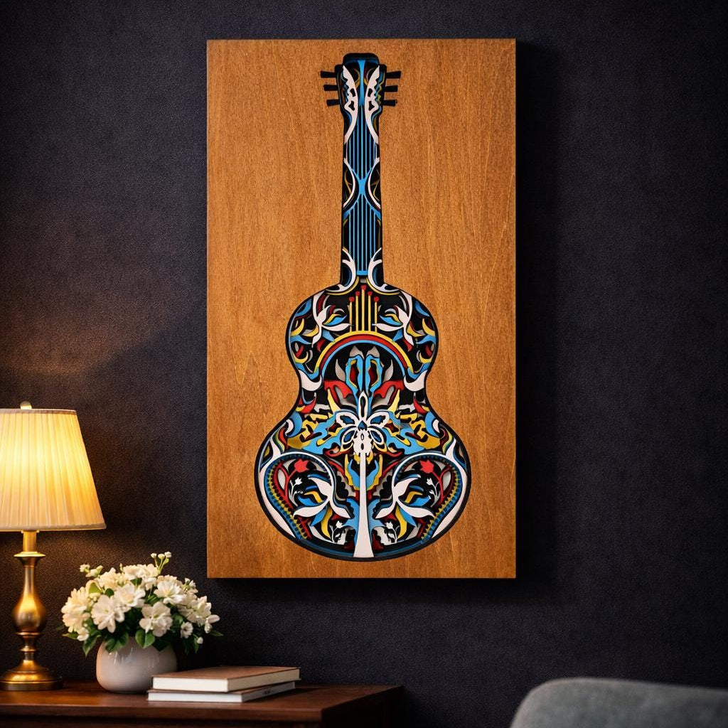 Colorful Guitar Wall Art | Layered Wood Music Decor | Handmade Laser Cut Art