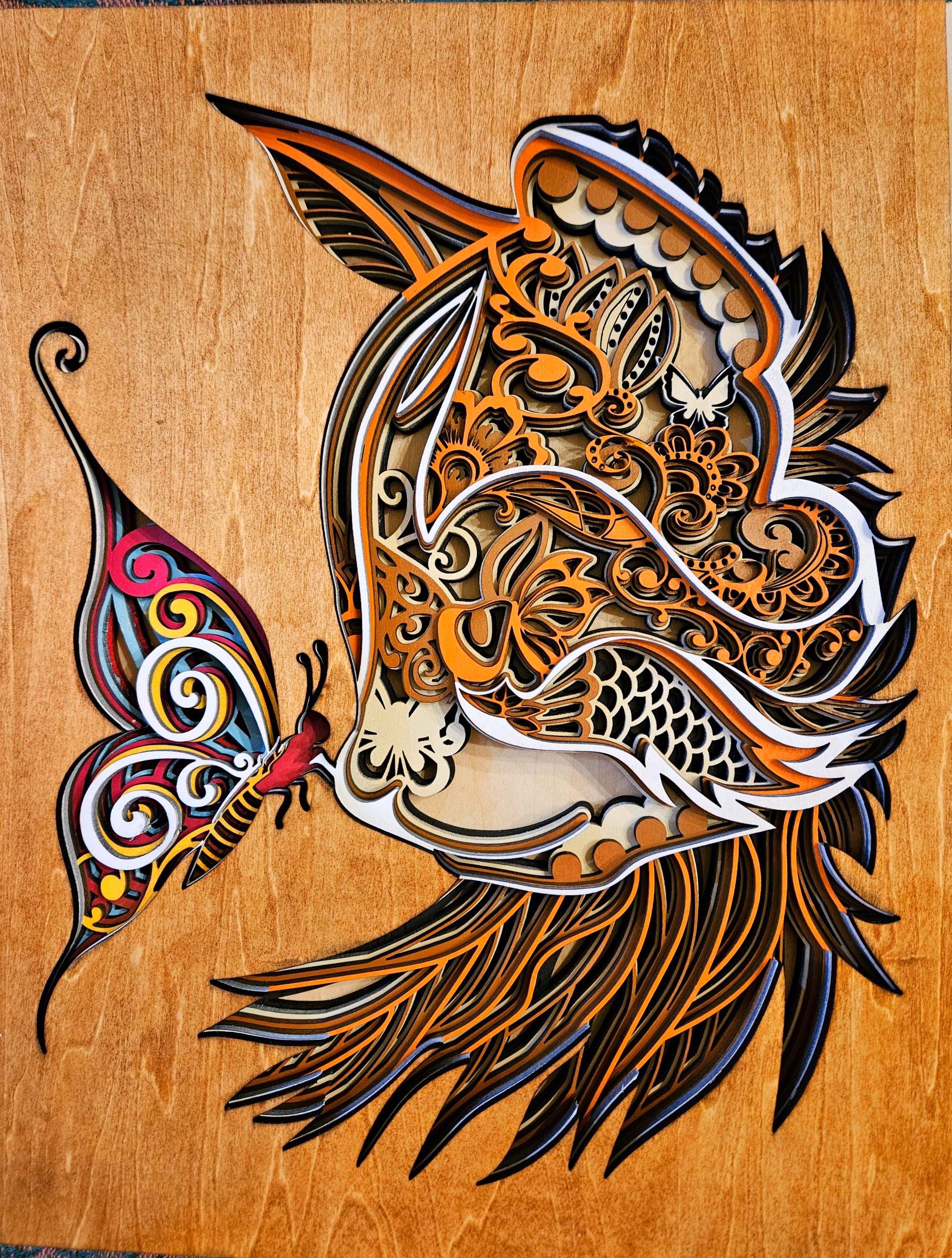 Cat and Butterfly Wall Art | 3D Layered Laser Cut Wood Decor | Handmade USA