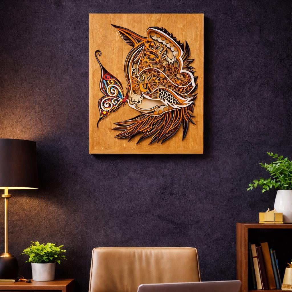 Cat and Butterfly Wall Art | 3D Layered Laser Cut Wood Decor | Handmade USA