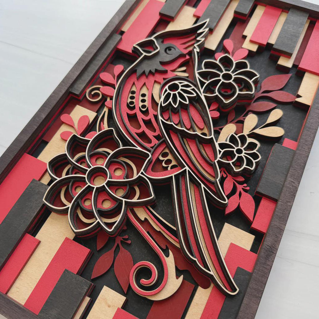 Cardinal Wall Art | 3D Layered Laser Cut Wood Bird Decor | Handmade Memorial Gift