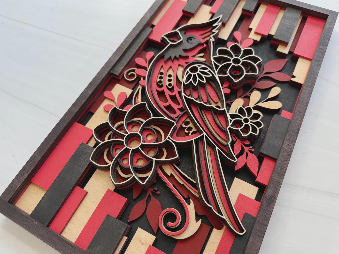 Cardinal Wall Art | 3D Layered Laser Cut Wood Bird Decor | Handmade Memorial Gift