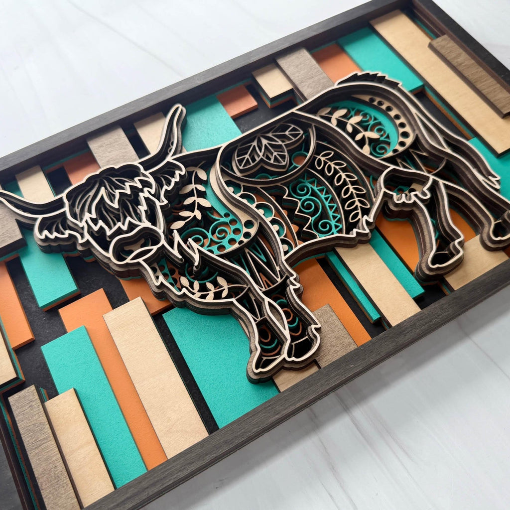Highland Cow Wall Art | 3D Layered Laser Cut Wood Decor | Rustic Farmhouse Handmade