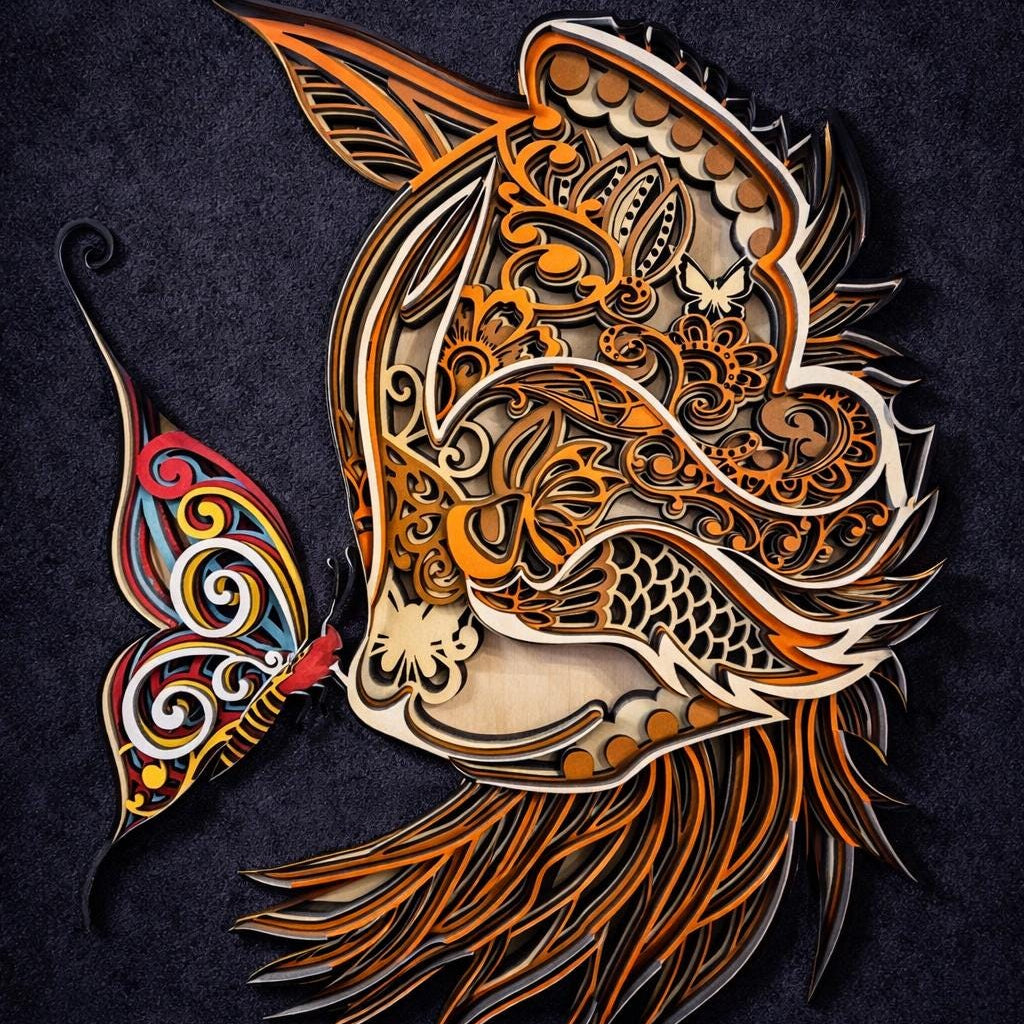 Cat and Butterfly Wall Art | 3D Layered Laser Cut Wood Decor | Handmade USA