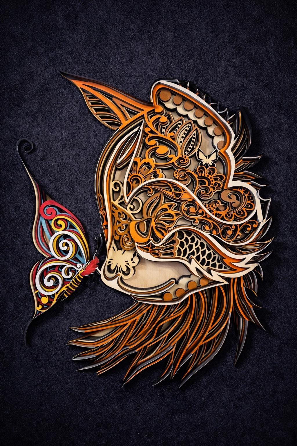 Cat and Butterfly Wall Art | 3D Layered Laser Cut Wood Decor | Handmade USA