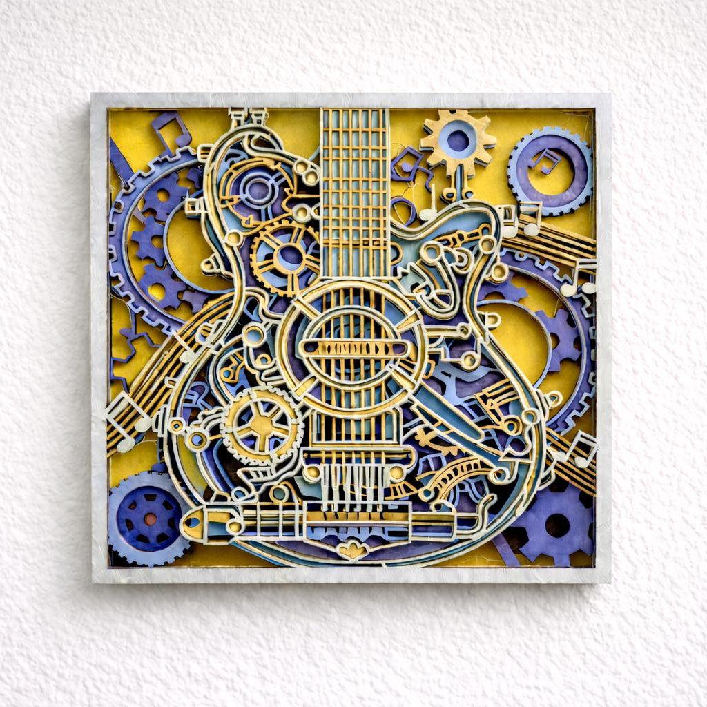 Steampunk Guitar Wall Art | Layered Wood Decor | Handmade Laser Cut Music Sign