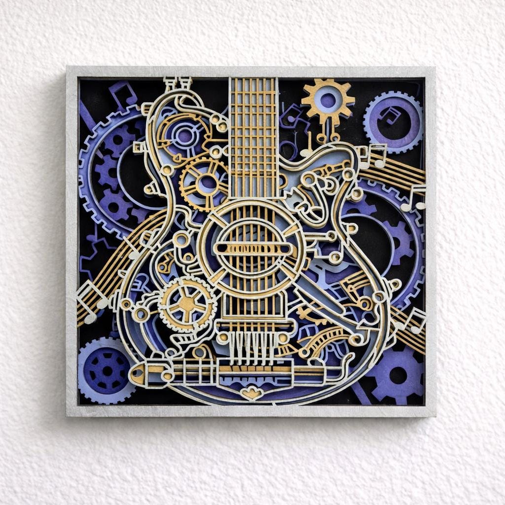 Steampunk Guitar Wall Art | Layered Wood Decor | Handmade Laser Cut Music Sign