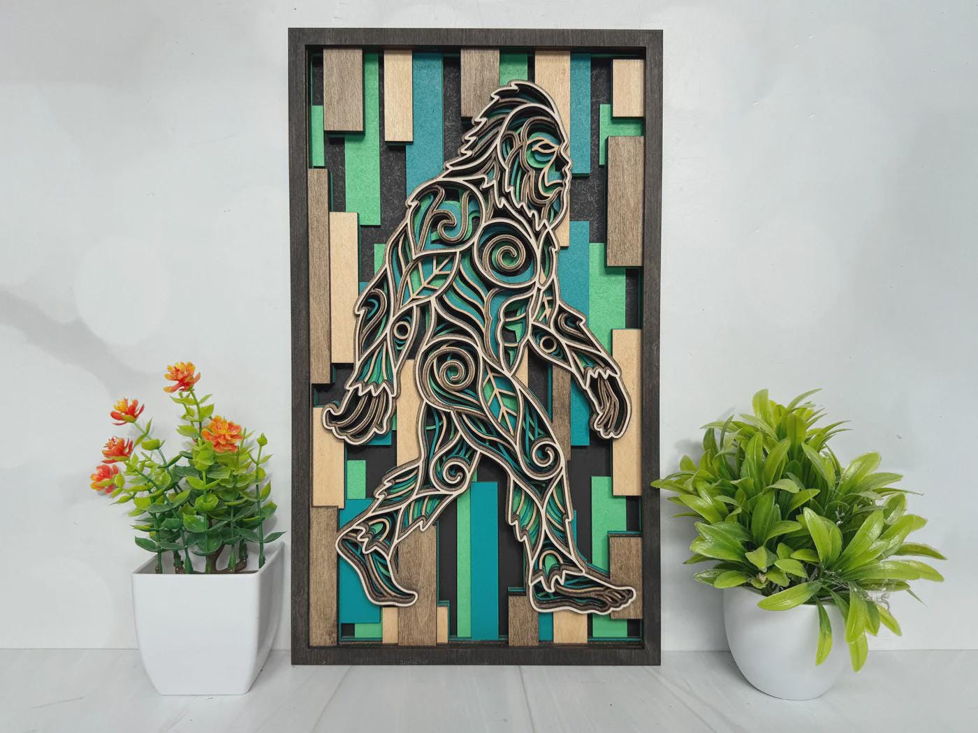 Bigfoot Wall Art | 3D Layered Laser Cut Wood Decor | Rustic Cabin Handmade