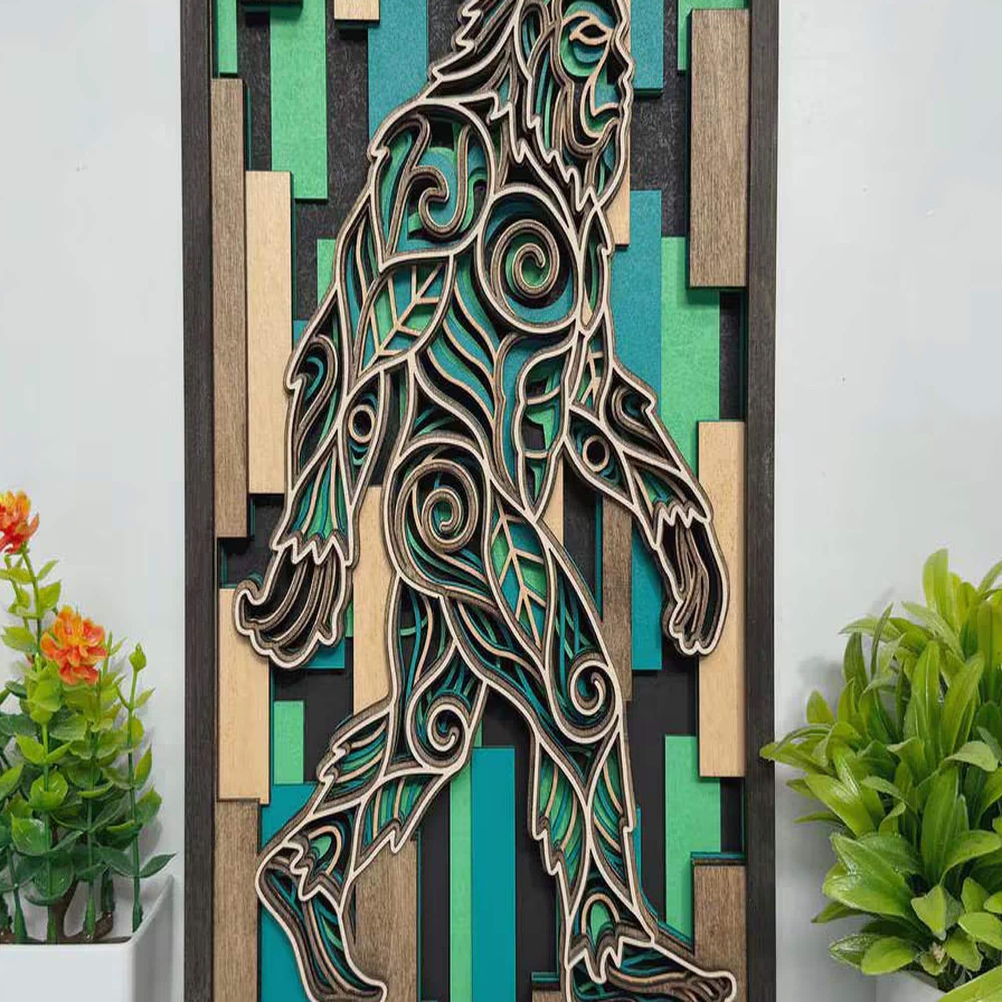 Bigfoot Wall Art | 3D Layered Laser Cut Wood Decor | Rustic Cabin Handmade
